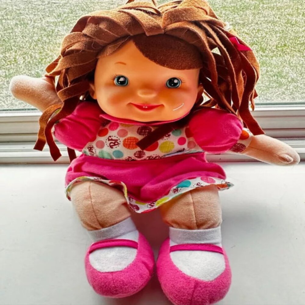 Vintage Goldberger Lil Talker Soft Rag Doll Pink Polka Dot Dress